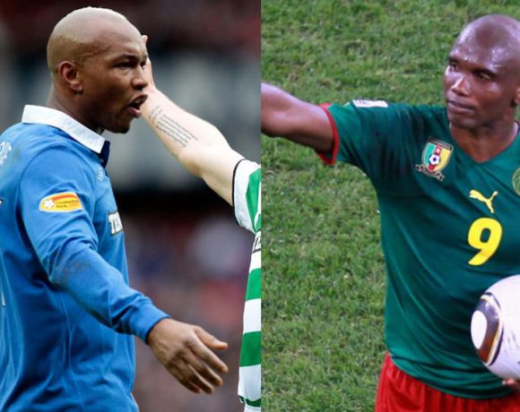 El-Hadji Diouf et Samuel Eto'o ont dénoncé les maux du football africain, le 6 janvier 2019 (photos d'archive).